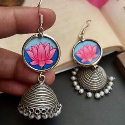 Brass Elegant Lotus Jhumka 🪷 Pink Blue Pearl's Wedding Desi Indian 