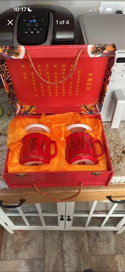 Exquisite Chinese Imperial Red Porcelain Mug Set with Lids & Premium Gift Box