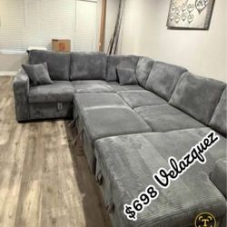 ✅️✅️ Grey  corduroy fabric sectional sofa with storage chaise and love seat and pop up sleep area in center USB charging✅️
