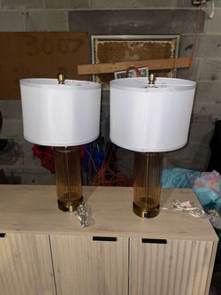 Pair of Amber Glass Table Lamps with White Shades Brand new