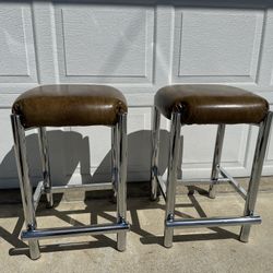 1970s Vintage Brown Leather Chrome Matching Stools