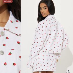 Strawberry Mini Skirt, Set Denim Jacket, And Skirt Set