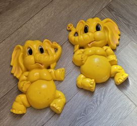 Vtg 1973 Homco Syroco Whimsical Elephant Plaques Set of 2 Yellow Child Nursery