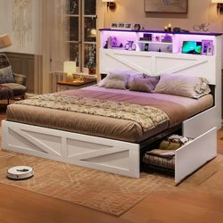 Farmhouse Bed Frame Full Size with Bookcase Headboard & Storage Drawers LED Wooden Platform Bed, White