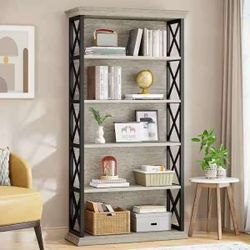 70.9 in. Tall Gray Wood 5-Shelf Etagere Bookcase with Metal Frame 5-Tier Indsutrial Bookshelf for Home Office
