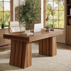 Wooden Executive Desk, 55-Inch Computer Writing Table with Double Pedestal, Rustic Brown