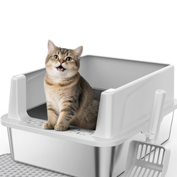 FURTIME Stainless Steel Cat Litter Box with Lid, Metal Kitty Litter Box for Small Cats, Kitten Litter Boxs with Scoop and Mat, Non-Sticky, Anti-Leakag
