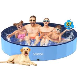 VISTOP Jumbo Foldable Dog Pool – Extra Large Portable Swimming Pool for Dogs, Cats & Kids, Hard Plastic, Collapsible Kiddie Pool (87" D x 15.7" H, Blu