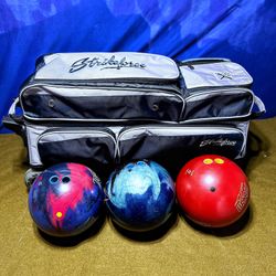 StrikeForce 3-Ball Roller Bowling Bag + 3x 15 lb Custom Bowling Balls Bundle