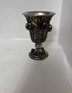 Antique Silver Kiddush Cup With Stones,Kiddish shabbat 800 Mark hand made