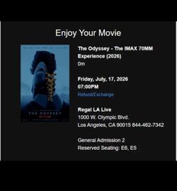 Odyssey IMAX 70mm Experience Tickets (2) for Night on Friday 7/17 Regal LA Live