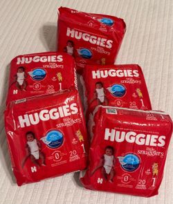(5) Brand New - Huggies Size 1 - 20 count Diapers / 100 total