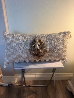 Decorative Lace Lumbar Pillow with Cherub Embellishment
