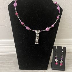 Choker / Collar Drop Single Strand Plum & Clear Beaded Silver Star Accents & Earrings