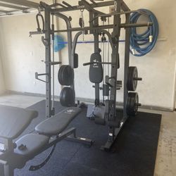 SMITH MACHINE/ PULLEY SYSTEM/ SQUAT RACK/ ADJUSTABLE BENCH/ BARBELL/ OLYMPIC BUMPER PLATES/ GYM EQUIPMENT/ FREE DELIVERY 🚚 