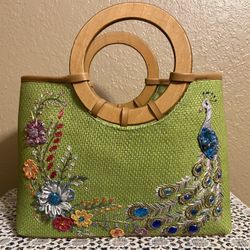 Cappelli Straworld Handbag Designed With A Beautiful Embroidered Beaded Peacock