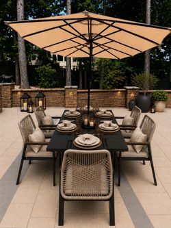 Brand new 7 pieces table set along with 13 feet outdoor umbrella with base included