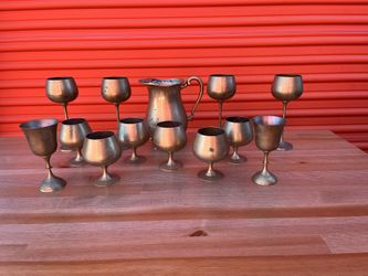 Antique Brass Pitcher And Cups