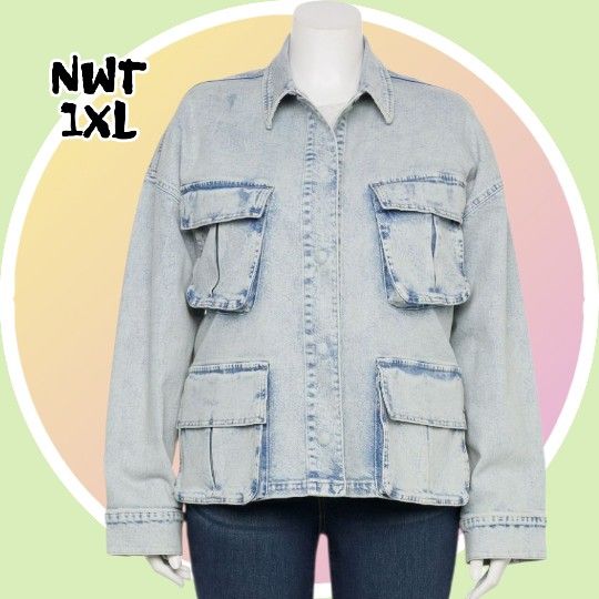 NWT Sz 1XL Plus Size Denim Utility Pocket Oversized Jacket