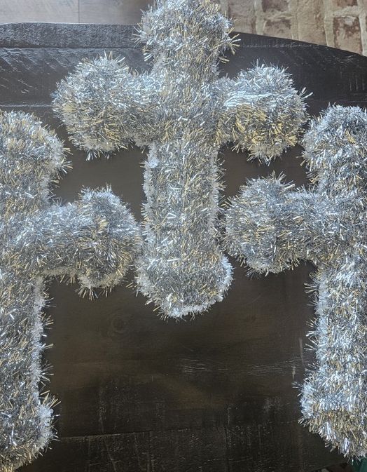 3, 13" tall x 10" wide silver fringe hair with white lining cross for decorating