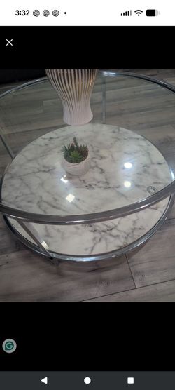 Round Glass Coffee Table with Marble-Look Shelf