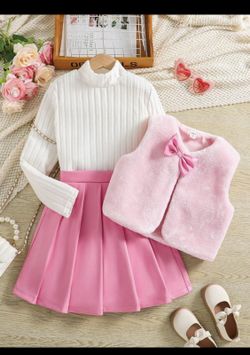 Girls 3pcs Set Fitted High-Quality Fluffy Vest, Ribbed Long Sleeve Top & Skirt