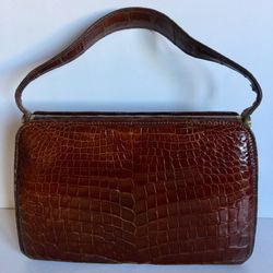 Vintage genuine crocodile leather handbag-rigid-antique-with unique closure