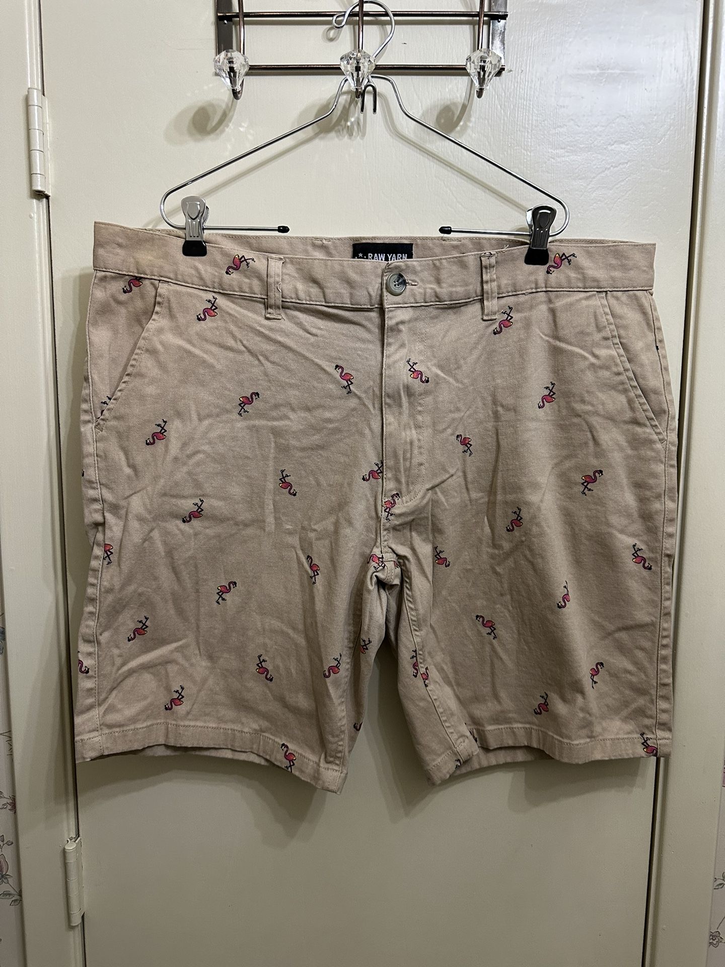 Raw Yarn Industries Stretch Twill Khaki With Pink Flamingos Shirts Size 40