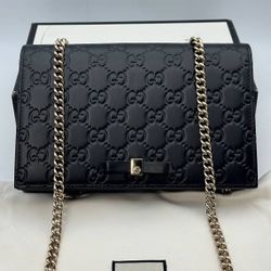 Gucci Wallet Chain Crossbody Shoulder Bag Guccisima Leather Black Gold Box Dust Bag Receipt
