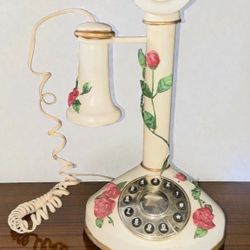 Vintage -style candlestick telephone with push button and rose design