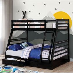 Brand New Black Twin Over Full Bunk Bed w Trundle Drawers 