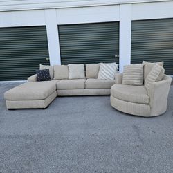 Tan Studded Sectional & Swivel Chair - FREE DELIVERY 