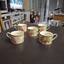 Set Of 5 PTS International Interiors Newbury Cherry Coffee Mugs, Genuine Stoneware Dishwasher And Microwave Safe Vintage 1990's In Mint Condition 