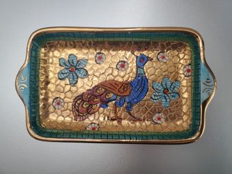 Ceramiche D'arte Sambuco Mario Golden Peacock and Mosaic Textured Tray Vintage