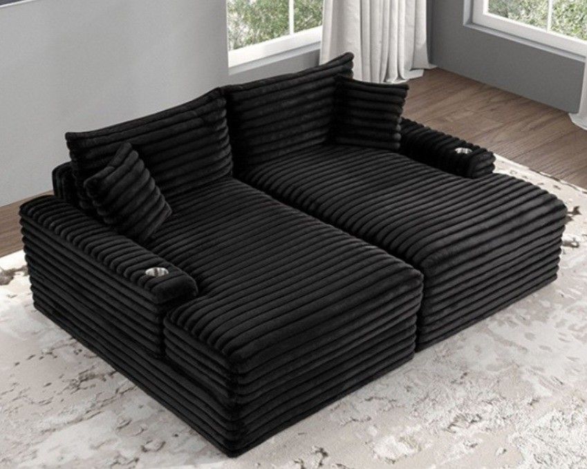 Brand New Black Super Plush Chenille Double Chaise Sofa