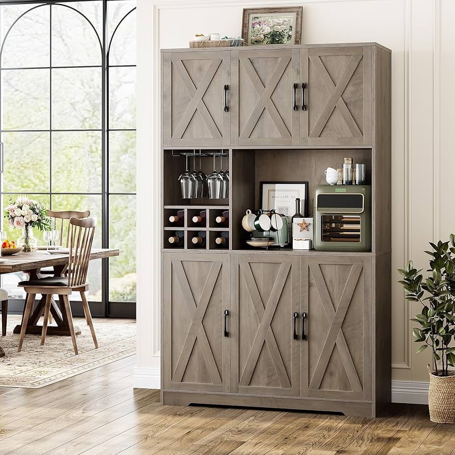 Kitchen Pantry Storage Cabinet, 71" Tall Food Pantry Cabinet with Microwave Stand, Farmhouse Kitchen Hutch, Coffee Bar Hutch with Wine Rack for Dining