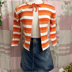 Vintage Lacoste Sport Stripe Orange White Tie Front Open Cardigan / Top 