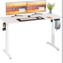 55” Electric Standing Desk + XL Leather Desk Mat – White Adjustable Sit/Stand Home Office Setup