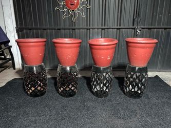 4 Small Concrete Pot Planters w/ Metal Vases