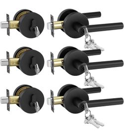 Goldenwarm Exterior Deadbolt and Keyed Entry Door Handle Set, Heavy Duty Zinc Alloy Black Door Lever, Key Entry Front Matte Black Door Handle with Loc
