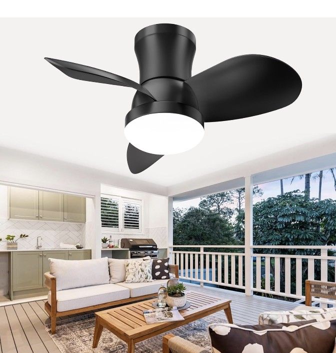 Ceiling Fans with Lights and Remote-Low Profile Ceiling Fan Flush Mount,Small Ceiling Fan with 6-Speeds, Black Modern Fan LED Light,22 Inch Ceiling Fa