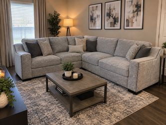 Beautiful Light Gray Sectional Sofa with Nailhead Trim