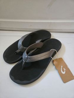 NEW Olukai Women's 12 Ohana Sandals Pewter Black Slippers