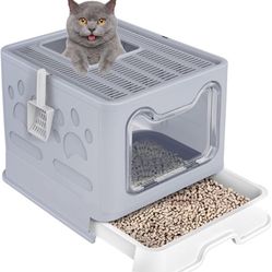  Cat Litter Box Foldable Portable Cat Litter Pan with Lid,Top Entry Litter Box Large Covered Cat Litter Box for Travel with Cat Litter Scoop