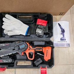 Mini Electric Chain Saw, 6 Inch Cordless, 2 Rechargeable Batteries, Compact One-Hand Use, Auto Lubrication System, Double Safety Lock