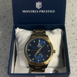 New Montres Prestige Blue Dial Gold-Tone Men’s Quartz Watch w/ Box
