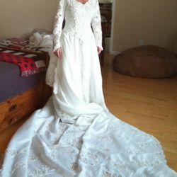 Beaded Satin Long Sleeve Wedding Dress with Train 