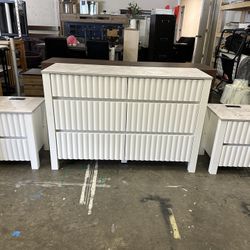 3pcs White Modern Dresser for Bedroom with 6 Drawers, 2 Set Farmhouse End Table with Charging Station, White Wood Sofa Table, BedsideTable with USB Po
