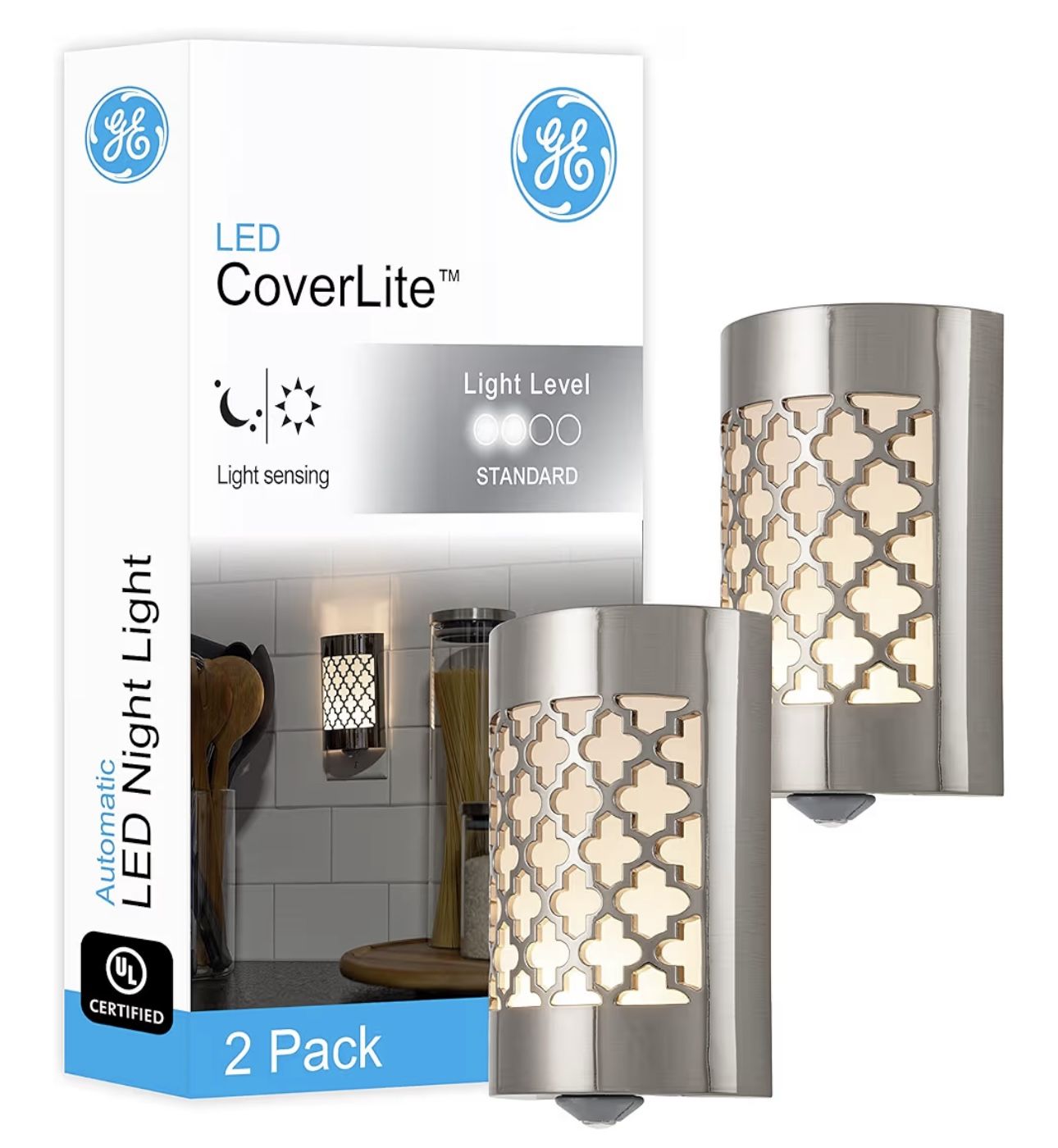 GE CoverLite LED Night Light, Plug-in, Dusk to Dawn Sensor, Home Decor, LED Lights for Bedroom, Bathroom, Kitchen, Hallway, 2 Pack, Brushed Nickel | M
