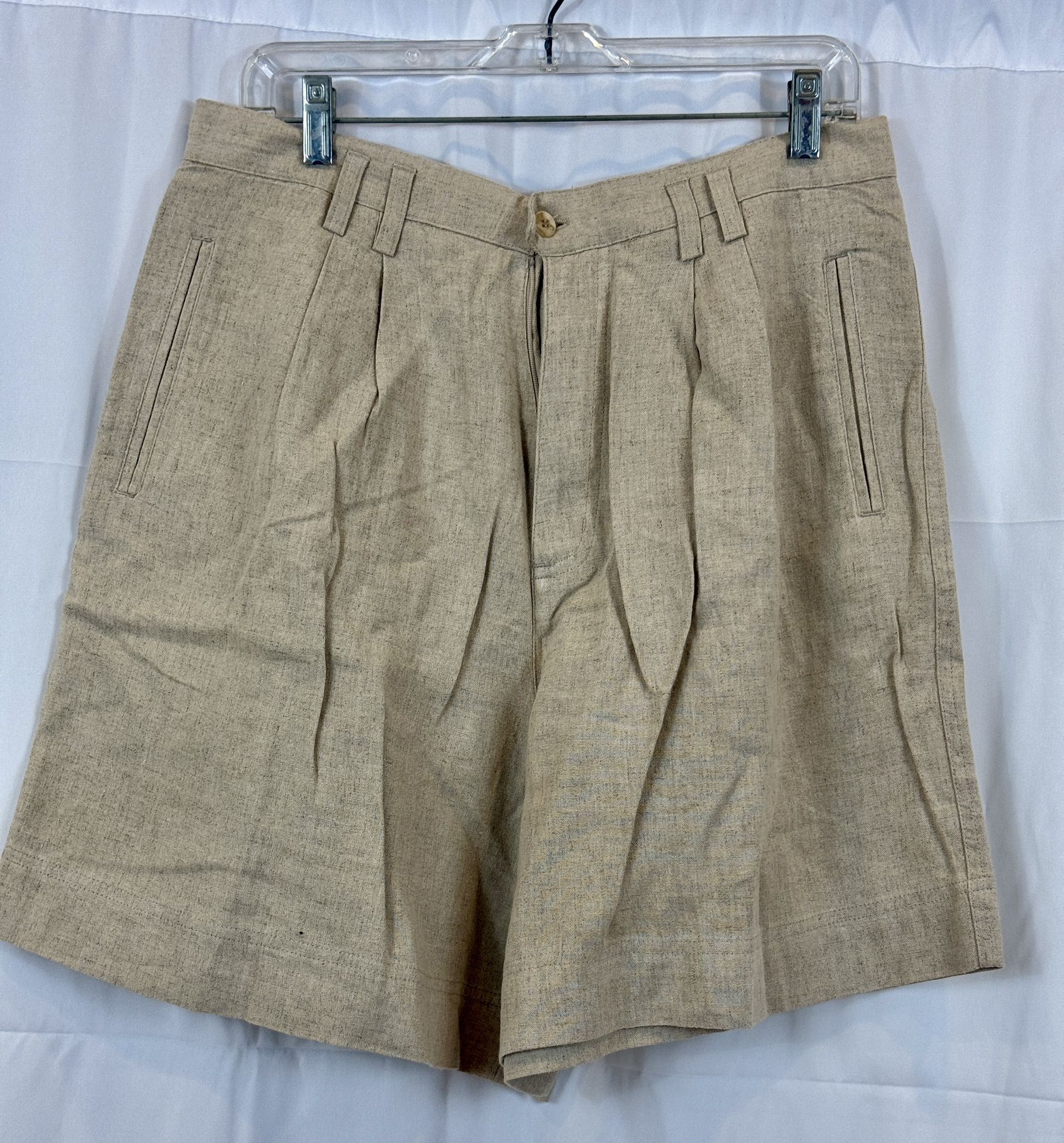 Milano Design Group Linen Blend Light Oatmeal Pleated Shorts, Quatar, Size 16